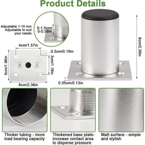 Möbelfüße, 4 Stück, höhenverstellbar, 60 mm, für Badezimmermöbel, runde Sofabeine, Aluminium, höhenverstellbar 0–10 mm, für Tisch, Stuhl, Schreibtisch, Schrank (1/5)
