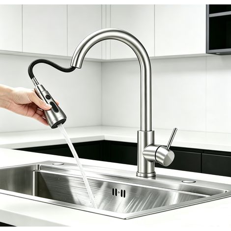 Duschparadies Küchenarmatur mit ausziehbarer Brause Schwanenhals Spültischarmatur Wasserhahn 360°Schwenkbar 2 Strahlarten Edelstahl Gebürstet (1/5)