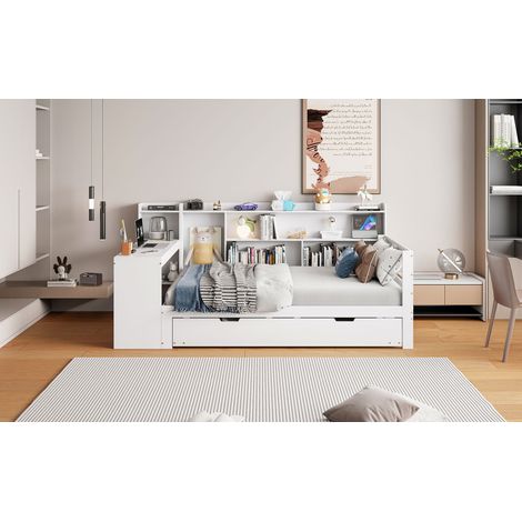 Canapé-lit en bois massif 90x200 cm, avec bureau, bibliothèque, étagères et rangements, prises intégrées, tiroir lit escamotable, lit multifonction blanc (1/5)