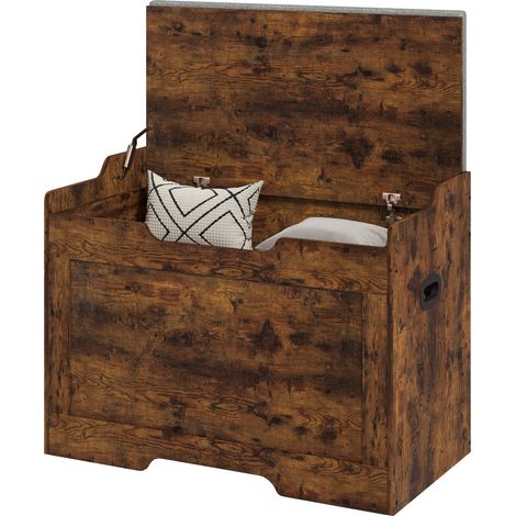 Banc de rangement 103L multifonction couleur bois avec coussin tissu gris 75x40x56 cm (1/5)