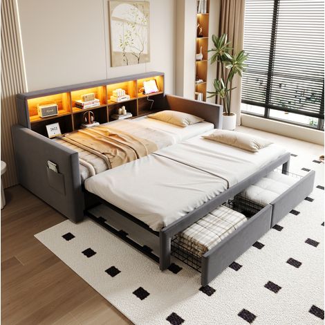 Ausziehbares Polsterbett 90/180 x 190 cm mit Schubladen, LED und USB-C, Dunkelgrau OKWISH (1/5)