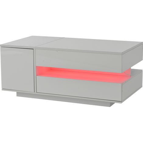 Table basse blanche relevable avec LED, 1 tiroir et 1 placard, rangement dissimulé, 90 x 50 x 34,5 cm (1/5)