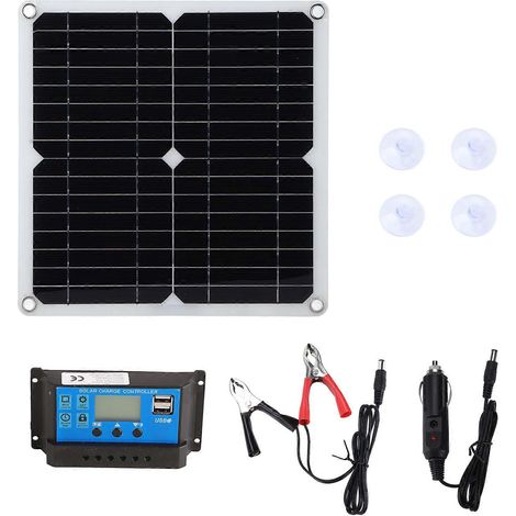 Kit panneau solaire 15 W avec double sortie USB CC, contrôleur 100 A, cellules solaires pour voiture, bateau et batterie (bleu). (1/5)