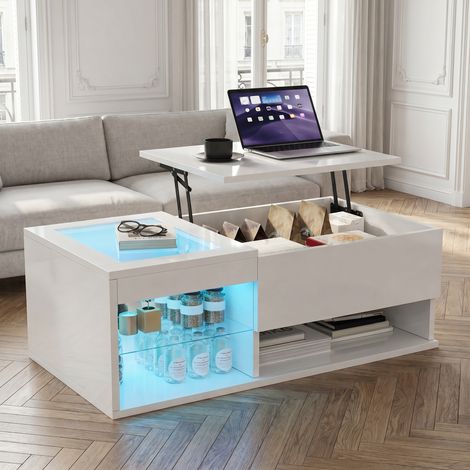 Table basse relevable avec rangement, Dimensions 100x55x35cm, Éclairage LED intégré, finition brillante, design moderne (1/5)