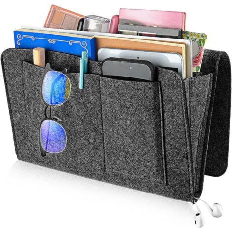 Organisateur de Chevet à 5 Compartiments, Vide Poche Lit Poche de Lit Feutre, Sac de Rangement en Feutre à Suspendre pour Téléphone, Télécommande, Journal, Stylo, Magazine, Lunnettes (Gris Foncé) (1/5)