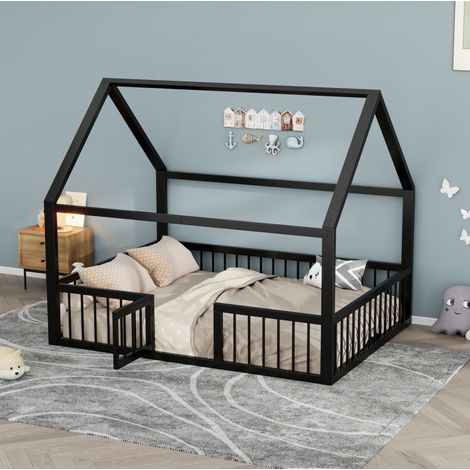 Letto bambini 140x200 cm con sponde di sicurezza, design a tetto in metallo, nero, senza materasso (1/5)