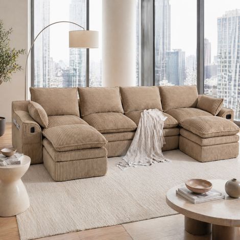 Canapé modulable 4 places 335x167x85 cm en velours côtelé kaki, avec poufs pour salon – MEUBLIV (1/5)
