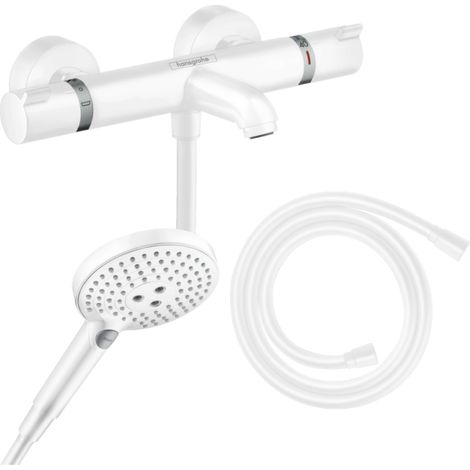 HANSGROHE Pack mezclador termostático para baño ducha Ecostat Comfort + flexo Isiflex + rociador Raindance Select 3 chorros blanco mate