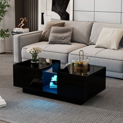 Mesa baja con iluminación LED y 2 cajones, en acrílico y MDF, para salón, negro (1/5)