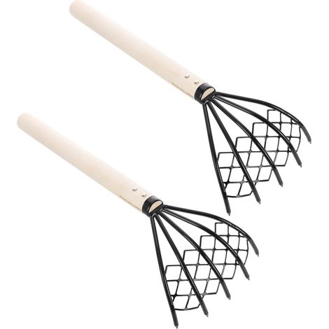 Râteau Ramasse Cailloux à 5 Dents avec Filet, en Fer et Bois, Manche Confortable, Outil de Plage pour Creuser Coquillages, Lot de 2 (1/5)
