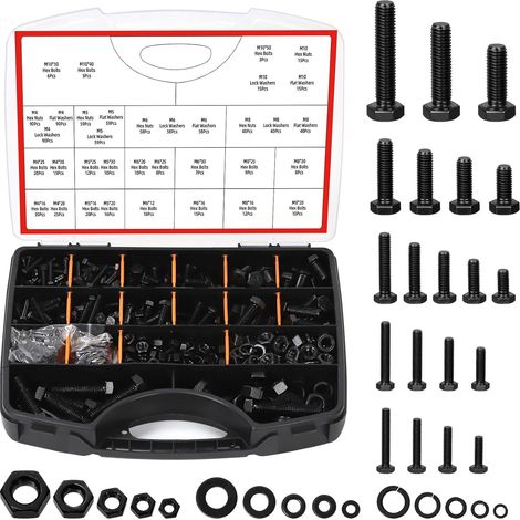 1045pcs M4/M5/M6/M8/M10 grade 8.8 vis à boulon hexagonal avec écrous et rondelles Set, comprend 259pcs boulons hexagonaux, 262pcs écrou hexagonal, 524pcs rondelles (1/5)