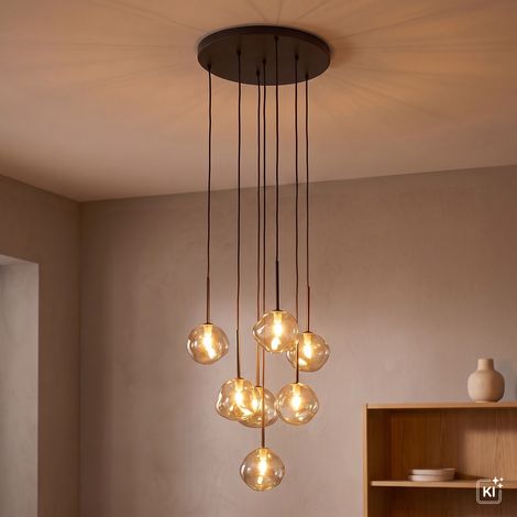 Hängelampe 7-flammig Metall Glas Braun Cognac G9 B: 48.5 cm Pendelleuchte (1/5)