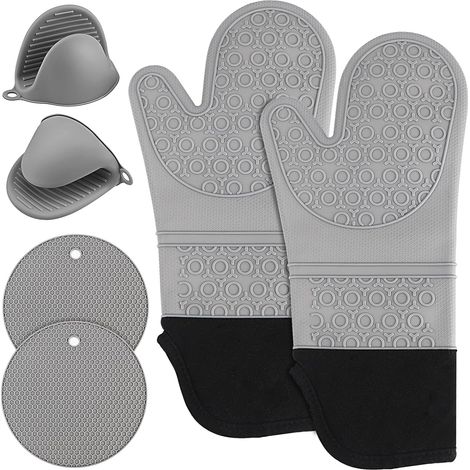 Juego de 6 guantes de silicona para horno, resistentes al calor hasta 230 °C, para barbacoa, repostería y horno, color negro. (1/5)