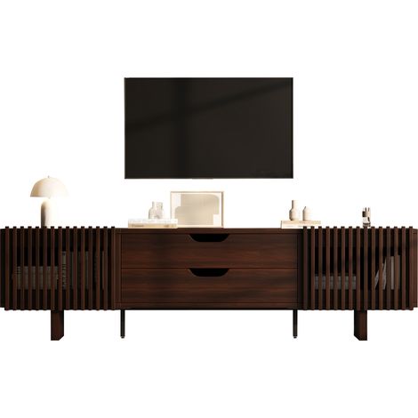 Meuble TV avec 2 Tiroirs et 2 Portes à Lamelles, pour Salon, en MDF, Chêne Foncé, 180 × 40 × 45 cm (1/5)