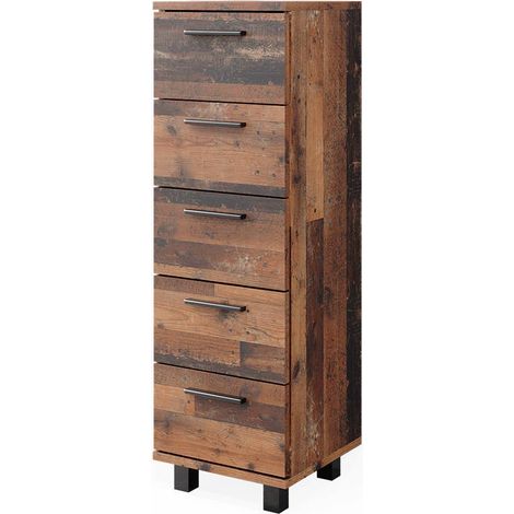 Meuble de rangement de salle de bain Ilias, Chêne rustique, 30 x 95 cm avec 5 tiroirs, Vicco