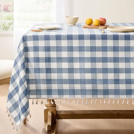 Nappe rectangulaire à carreaux, nappe extérieure en lin à carreaux épais avec franges, housse de table à carreaux Buffalo lavable et sans rides pour salle à manger, fêtes ou maison - 55 x70 pouces, bl (1/4)