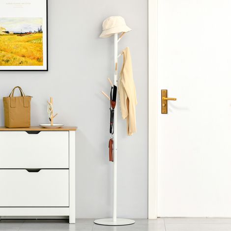 Porte-manteaux Debout Crochets Sacs Vêtements Salon Entrée Chambre Mobilier Intérieur Bois Blanc 35x35x174cm