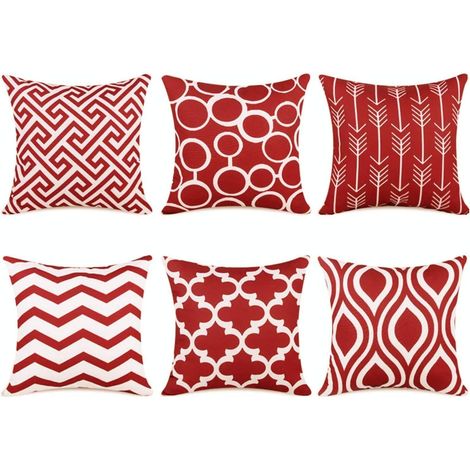 JSSEVN - Set of 6 Red Cushion Covers 45 x 45 cm, Microfiber Linen Decorative Pillowcases, Geometric Design for Sofa, Modern Living Room Decoration (1/5)