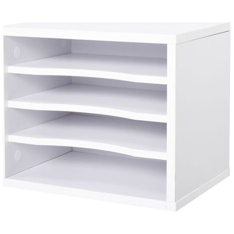 White wooden desk organizer with 4 layers, supplies, and printer stand. Dimensions: 35.5L x 25W x 28.6H cm (1/5)