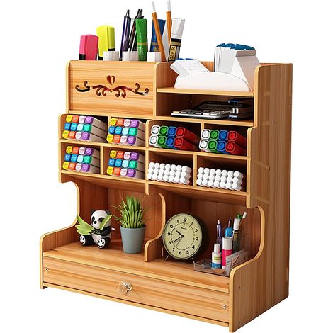 Organiseur de bureau en bois à monter soi-même, grande capacité, boîte de rangement avec tiroir pour la maison, le bureau et l'école (couleur cerisier) (1/5)