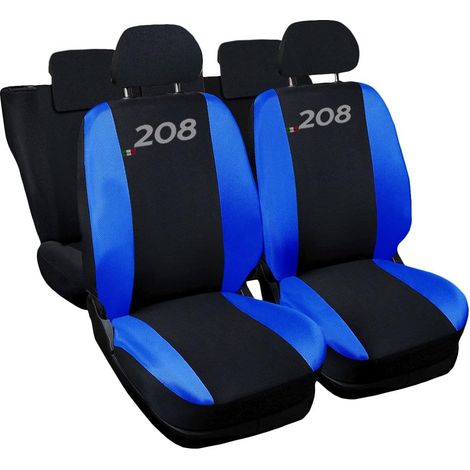 Lupex shop - Coprisedili Auto Compatibili per 208, Made In Italy, set di copri sedili anteriori e posteriori con copri poggiatesta incluso, tessuto poliestere, colore - Nero\Blu Royal