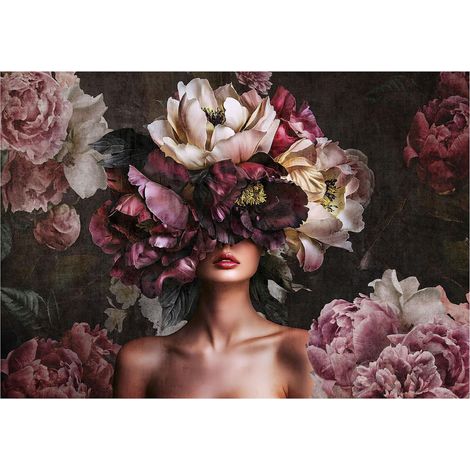 Papier peint avec motif femme et fleurs vintage, décoration salon – 250 x 175 cm, papier peint intissé Wallarena (1/4)