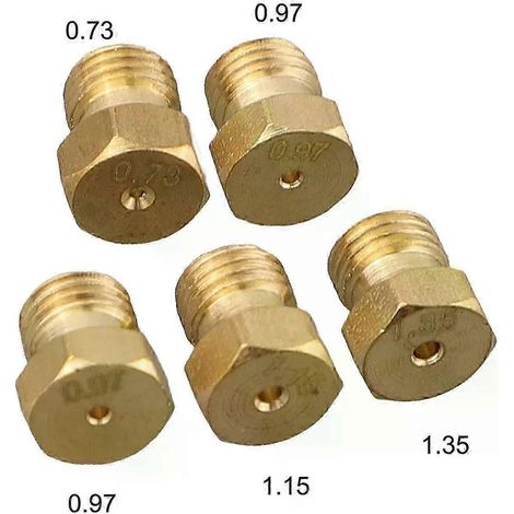Lot de 5 gicleurs de gaz pour brûleur, couleur or, hauteur 9 mm, filetage standard M6 x 0,75, compatibles avec les brûleurs à gaz G20 et G25.