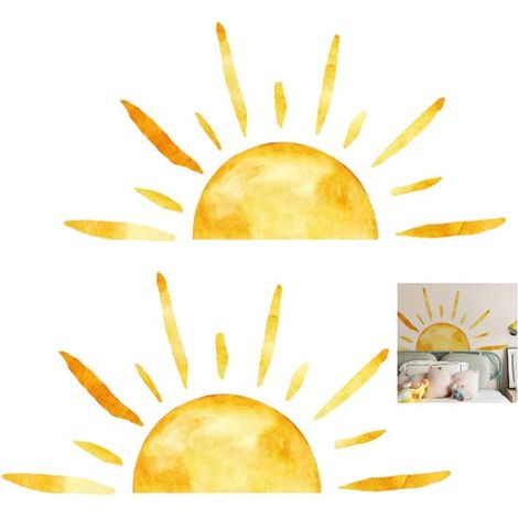 2 planches d'autocollants muraux, autocollants soleil peints à la main, autocollants décoratifs, 125 x 62 cm, jaunes. Il suffit de les décoller et de les coller. (1/5)