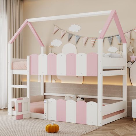 Lit cabane superposé enfant 90 x 200 cm en bois rose avec barrières de sécurité et sommier inclus (1/5)
