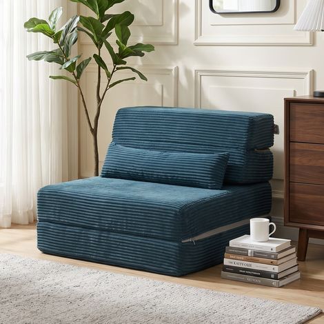 Canapé-lit pliant 3 en 1 chauffeuse 1 place convertible velours côtelé poches latérales oreiller bleu. Canapé-lit 3 en 1 pour un couchage d'appoint, fonctionnel et confortable.