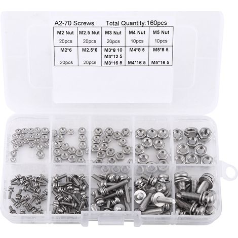 Kit 160 vis écrous inox 304 tête bombée M2 M2,5 M3 M4 M5 assortiment (1/5)