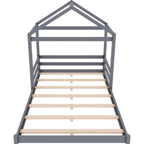 Lit cabane enfant 140 x 200 cm avec sommier à lattes, pin et MDF, gris (1/5)