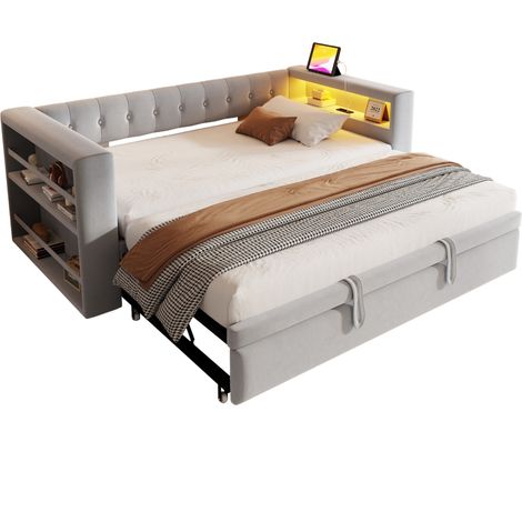 Canapé-lit 90/180 x 190 cm multifonction avec LED multicolore, prises intégrées, rangements latéraux et structure métal, tissu gris clair - CHICFURN (1/5)