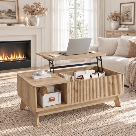 Table basse relevable, table de salon avec coffre de rangement caché et niche ouverte, façade tasseaux effet bois ondulé en MDF, style scandinave, 95x48x50cm, Naturel (1/5)