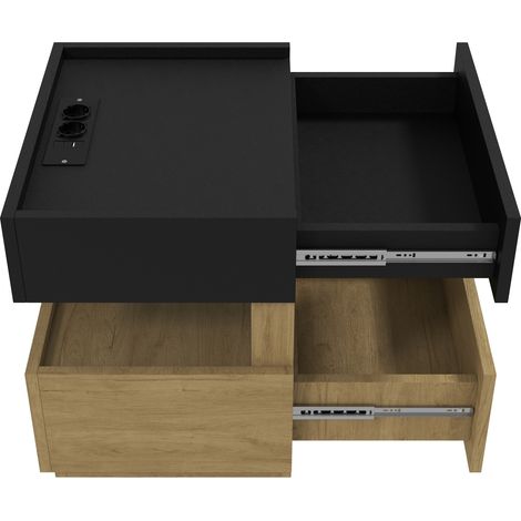 Table de chevet avec charge sans fil, LED d’ambiance, ports USB et 2 tiroirs, design noir et bois clair pour chambre moderne - CHICFURN (1/5)