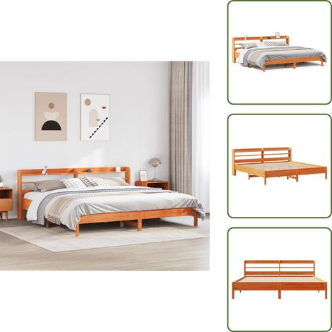 The Living Store Letto senza Materasso Marrone Cera 200x200 cm in Legno di Pino - Testiera letto