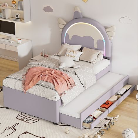 Cama infantil cartoon unicornio en PU morado 90x200 cm con cabecero y cama nido extraíble (1/5)