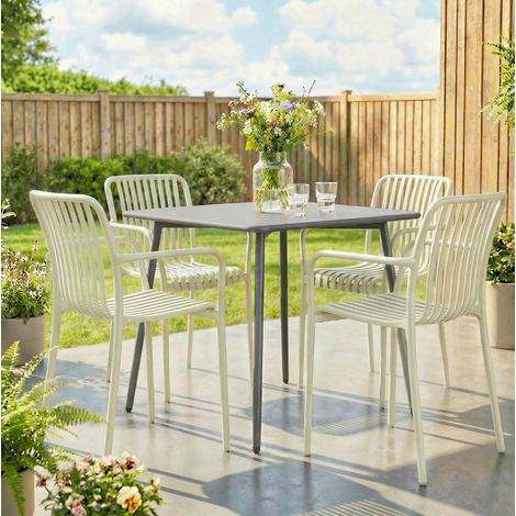 Lot de 4 chaises de jardin 55/58,5/81,5 cm blanc crème en plastique avec accoudoirs empilables (1/3)