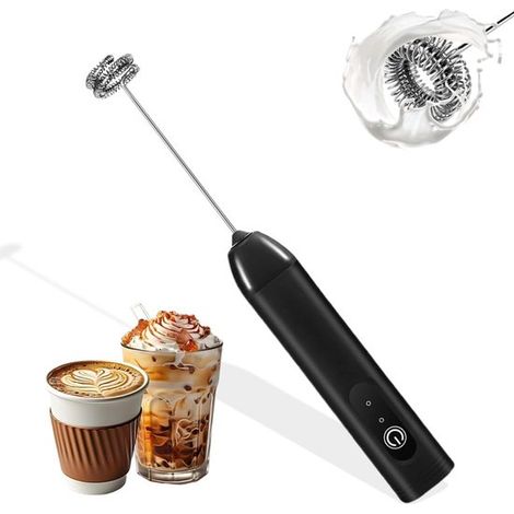 Espumador leche portátil doble batidor, espumador leche USB recargable 3 velocidades, mini batidora mano café/latte/capuchino/batir huevos, negro (1/5)