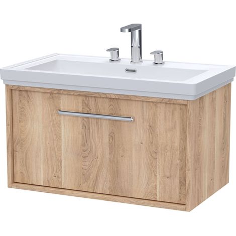 Sturbridge Contemporary 1 Drawer Wall Hung Vanity Unit with Traditional 3 Tap Hole Fireclay Basin , 800mm, Bleached Oak