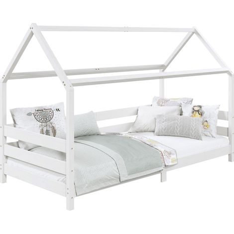 Idimex – Lit cabane 90 x 190 cm en pin massif lasuré blanc – Barrières de protection sur 3 côtés – Assemblage facile avec notice incluse - FINA 90 X (1/4)