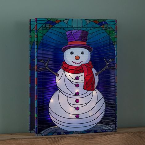28cm Battery Operated Light up Double Sided Stained Glass Snowman Decoration with LEDs (1/5)