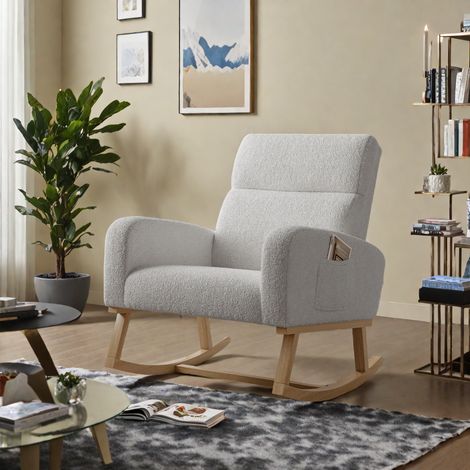 Mecedora tapizada, Terciopelo Teddy, Cojín grueso, Sillón columpio, Reposabrazos con bolsillos, Sillón de salón, Sillón para dormitorio y balcón, Gris claro (1/5)