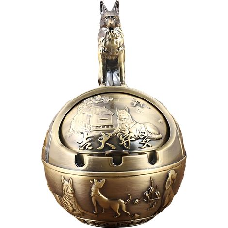 Cenicero metálico vintage con tapa resistente al viento, libre de humo y olores, adorno de perro de bronce tallado a mano. (1/4)