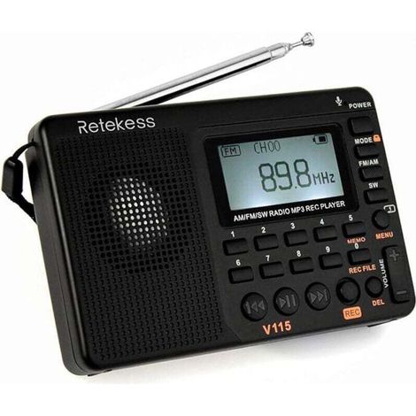 Radio portatile ricaricabile nera - Ascolta musica/notizie - Bagno/cucina - TF/MP3/registratore/sveglia - Radio domestica Crezuo-Crezuo