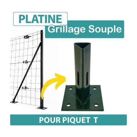 Cloture & Jardin – Platine de fixation pour piquet T – Acier galvanisé thermolaqué vert – Dimensions 10x10cm, hauteur 14,5cm – Fixation par vis béton 8x75mm