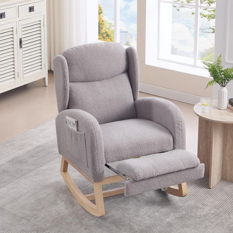 Fauteuil à bascule fauteuil d'allaitement, fauteuil de salon avec structure en bois, repose-pieds réglable, dossier haut, tissu effet peluche, avec poche, (1/5)