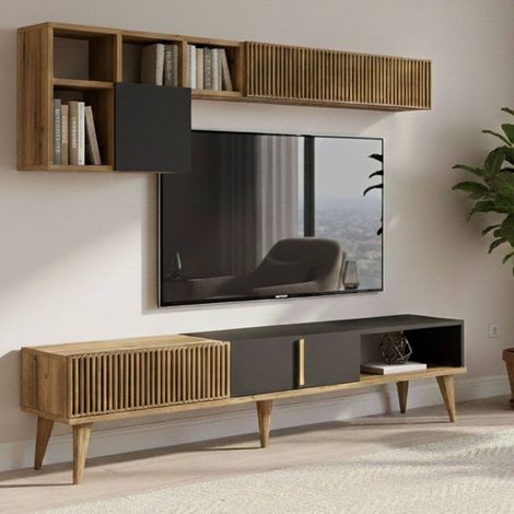 Dmora - Parete attrezzata Gemini, Composizione soggiorno, Mobile salotto multiuso, Armadio porta TV, 180x35h40 cm, Noce e Antracite, con imballo rinforzato, con imballo rinforzato (1/5)