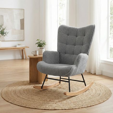 Sedia a dondolo in tessuto Teddy, Poltrona relax imbottita 68x75x92cm, Poltroncina con schienale a scacchi e gambe in metallo e legno, Design Moderno, Grigio scuro