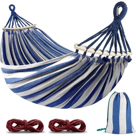 Hanging Hammock, Comfortable Camping and Garden Hammock with Anti-Tip Wooden Bar and Rope for Outdoor/Indoor, Patio, Nap, 275 x 155 cm, Load Capacity 250 kg (1/5)